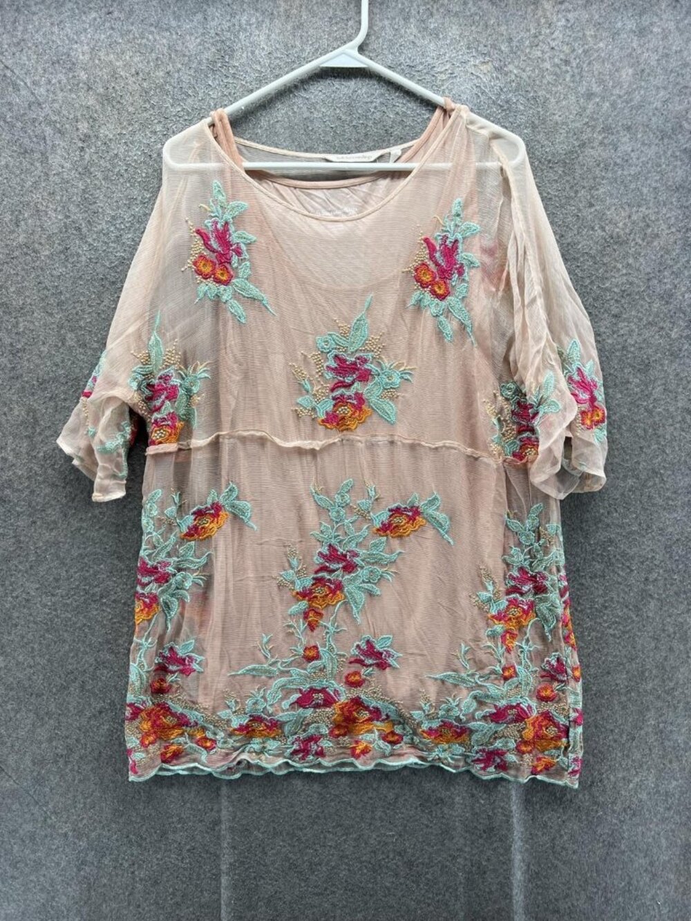 Soft Surroundings Blouse Women Petite Large Multicolor Embroidered Mesh Tunic